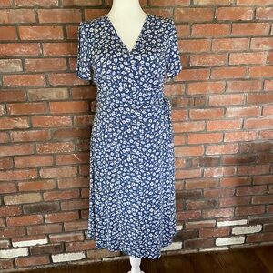 Blue and White Floral Wrap-Style Below Knee Summer Dress, Sz L
